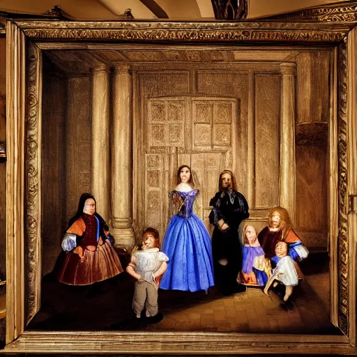 Prompt: family portrait in the main room of the castle painted in 1 6 5 6, dark room, one point of light coming through the door inspired by las meninas, clear spaces between each subject and good detail and realistic eyes, faces for each person in the canva, inspired by diego velasquez baroque style