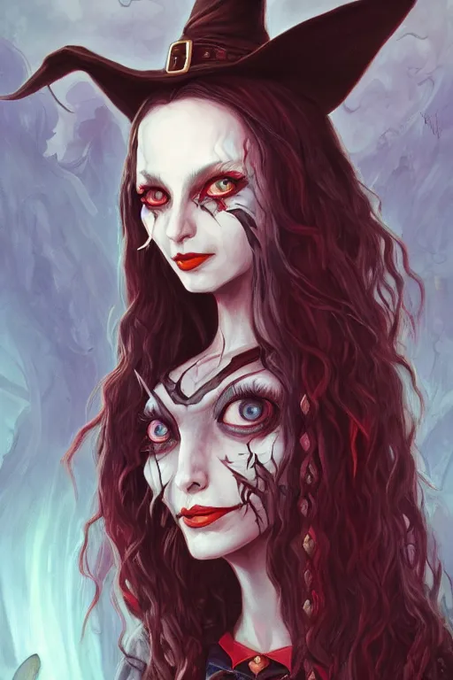 Image similar to portrait of a witch, american mcgee's alice, sharp focus, artstation, trending, by julie dillon, luis melo, tyler miles lockett, lei jin, hong lei, ken wong, adam narozanski, joy ang