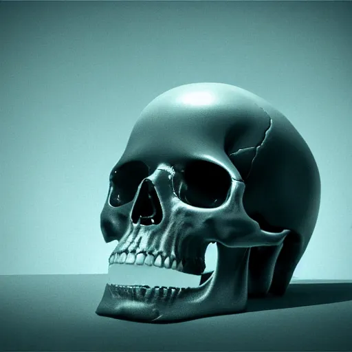 Prompt: hyperrealistic render, still life, glass!!! skull!!, translucent landscape, bones!, chrome orb!