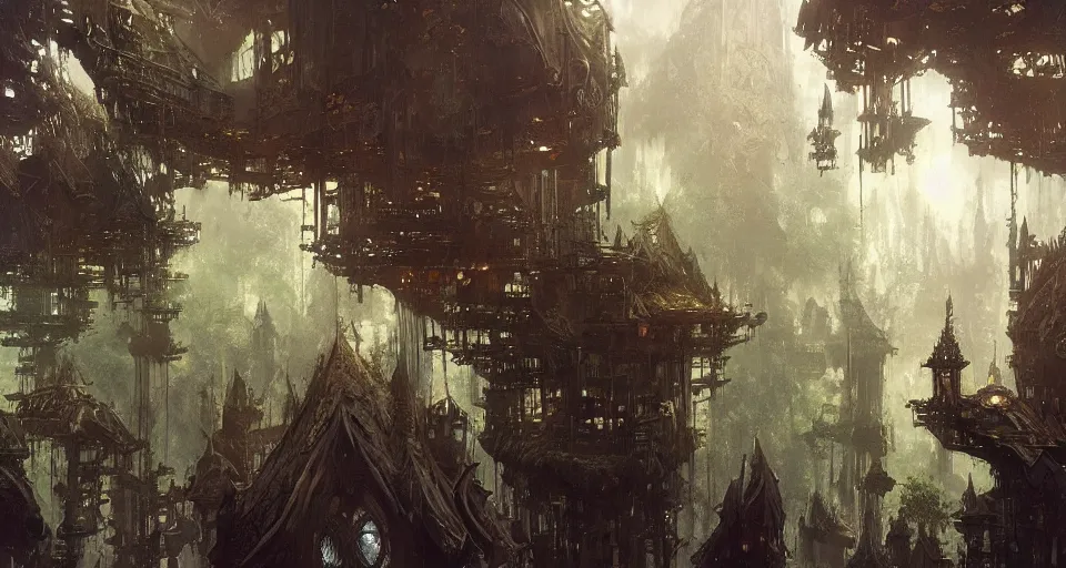 Image similar to looking up at a city of tree - houses at caras galadhon, intricate, elegant, highly detailed, john park, frazetta, john howe, ruan jia, jeffrey catherine jones