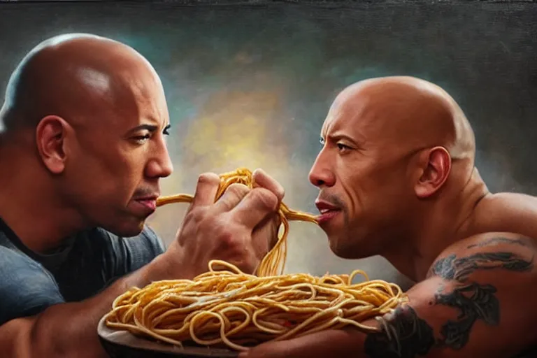 Prompt: portrait of vin diesel and dwayne the rock johnson sharing spaghetti noodle kiss, an oil painting by ross tran and thomas kincade