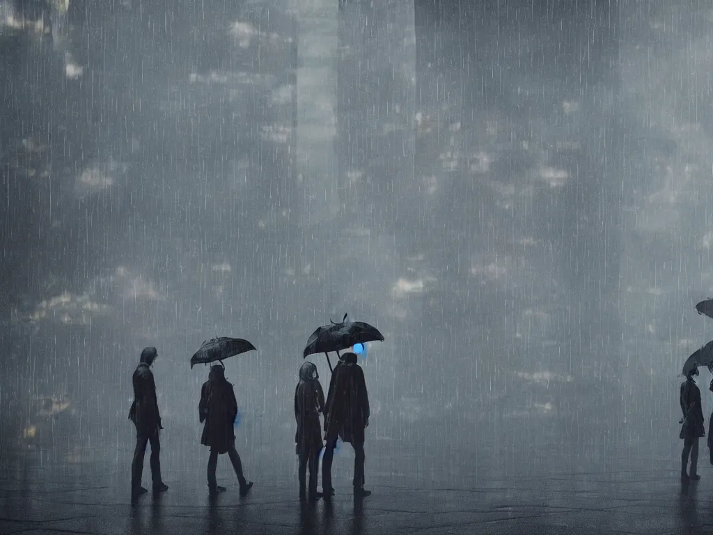 Prompt: People with umbrellas on terrace, rainy atmosphere in the style of cyberpunk. Dramatic, Cinematic, ArtStation, realistic photograph, ambient, dark shades of colors, Unreal Engine 5, rendered by Octane.