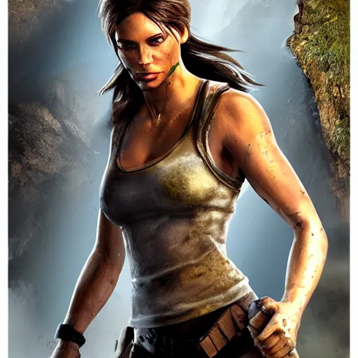 Prompt: lara croft, muddy face, examine diamond in awe, an film still, photorealistic