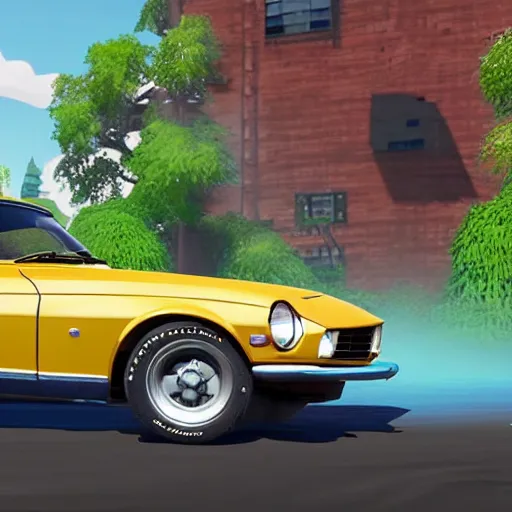 Image similar to a cartoon 1 9 7 0 datsun 2 4 0 z in fortnite, unreal engine