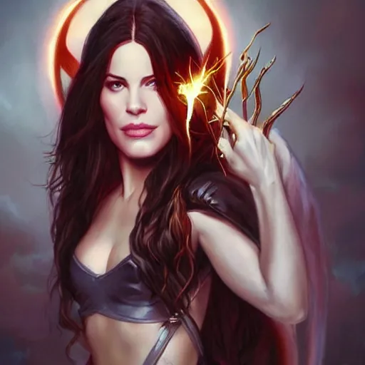 Image similar to liv tyler 2 0 - years old as the greek god of lightning, highly detailed, crazy aerosmith, young, by artgerm and greg rutkowski