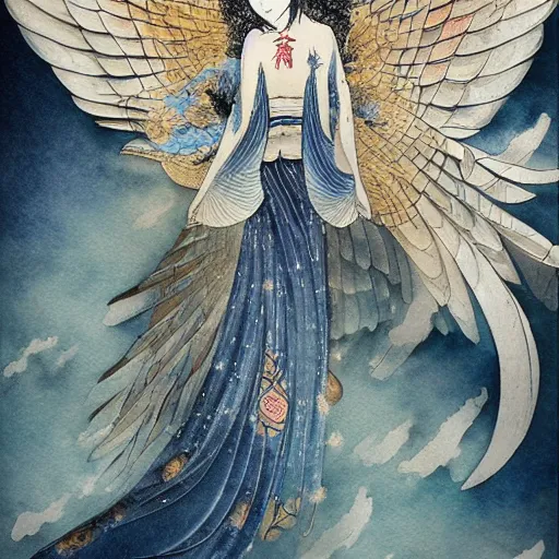 Prompt: highly detailed japanese watercolor painting of an angel in flight, intricate, elegant, digital painting, artstation
