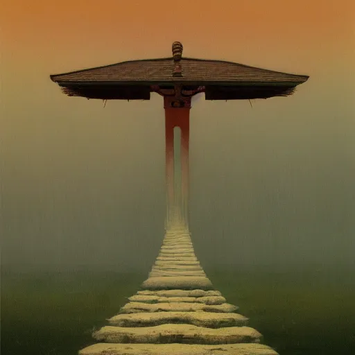 Image similar to A beautiful painting of A Torii!!!!! over a plain by Zdzisław Beksiński and Ilya Repin,In style of Post-Apocalyptic.digital art, illustration,hyper detailed,smooth, sharp focus,trending on artstation,oil on the canvas,4k