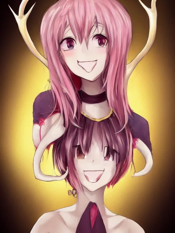 Prompt: Anime portrait of a smiling demi-human, short pink hair, gold and yellow notched antlers, bottom-half goat top-half woman, brown fur, brown tail, trending on artstation