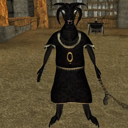 Image similar to an anthropomorphic black goat wizard in morrowind, screenshot