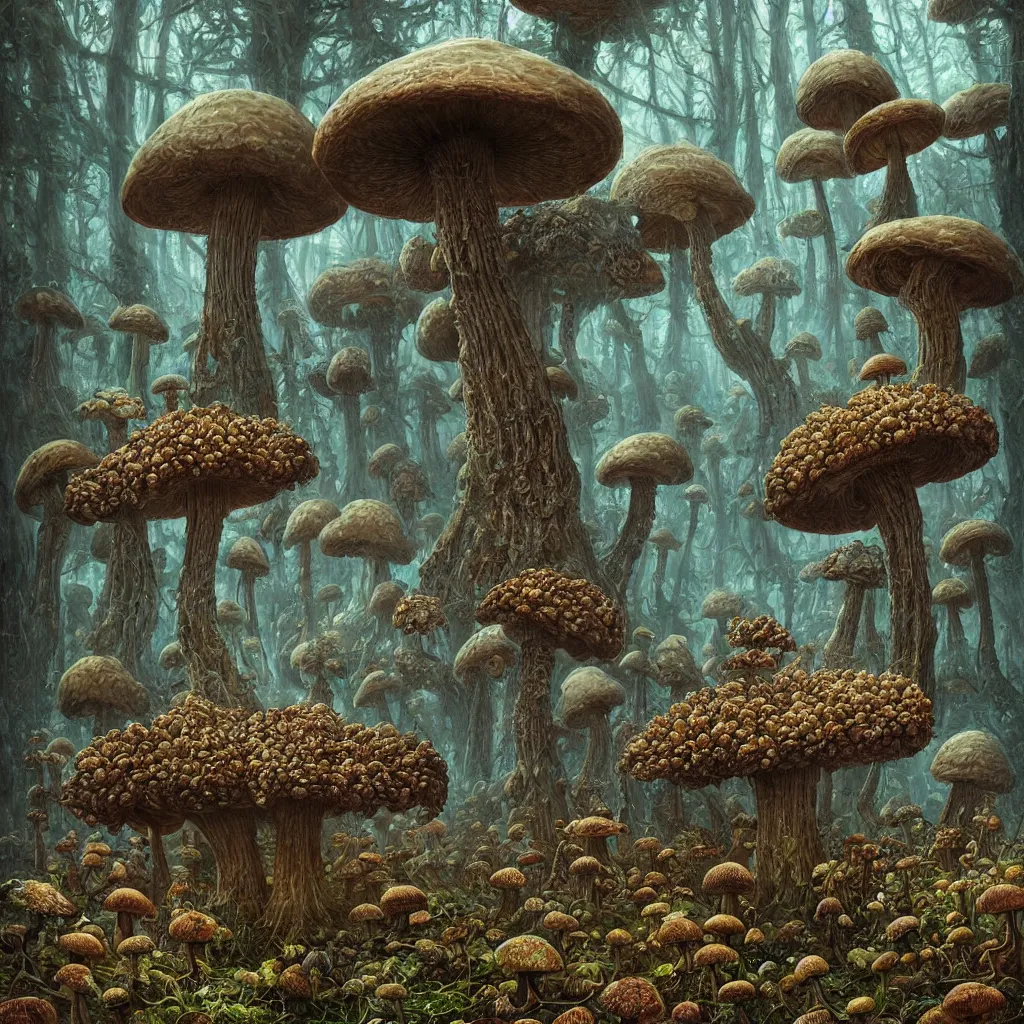 Prompt: the big mushroom, a beautiful hyper realistic detailed concept art of a fractal eldritch and fascinating mushroom forest with morels and reishi spores plethora by andreas rocha and john howe and dan mumford and albert bierstadt, nausicaa, sharp detail, cinematic, medieval veduta, ultrawide angle, artstation, pinterest