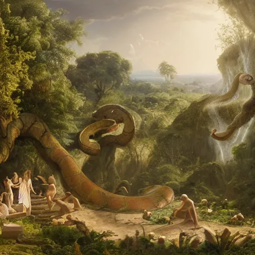 Image similar to God angy in the Garden of Eden. Adam and Eve look very guilty and the snake is leaving the scene quietly - Matte painting , detailed painting, made by Greg Rutkowski, 4k resolution, atmospheric, breathtaking