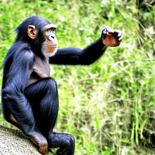 Prompt: chimpanzee looking curiously at a cyborg, hd photograph