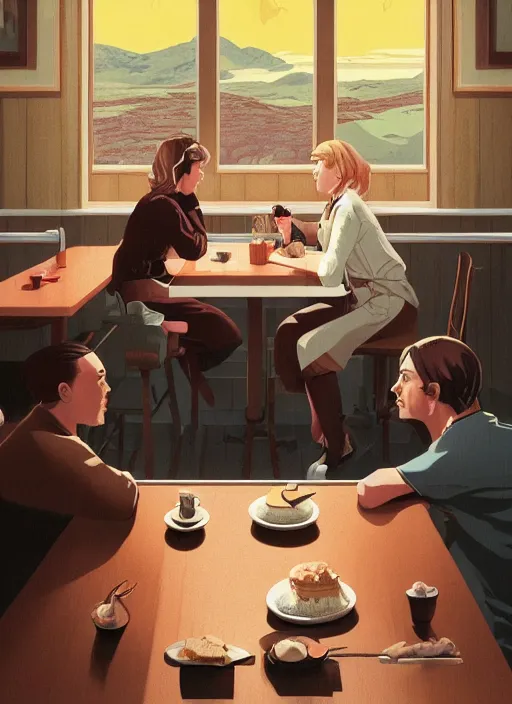 Prompt: Twin Peaks poster artwork, portrait of Channing Tatum the local pastry chef, flirting with Emma Watson nun sitting in the diner, from scene from Twin Peaks by Michael Whelan, Bob Larkin and Tomer Hanuka, simple illustration, domestic, nostalgic, clean, full of details, by Makoto Shinkai and thomas kinkade, Matte painting, trending on artstation and unreal engine, New Yorker magazine cover