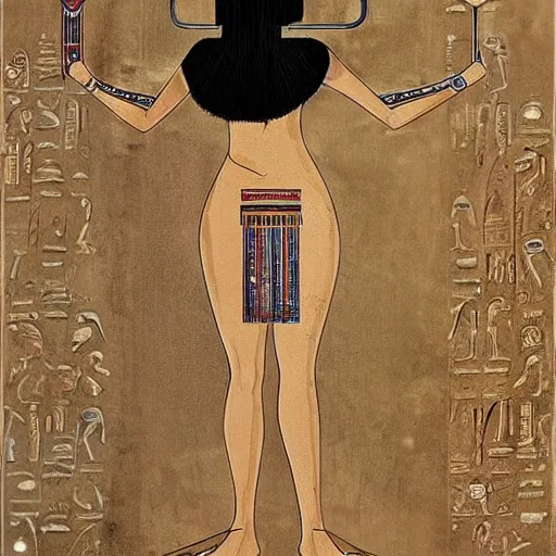 Image similar to A beautiful performance art. She has deeply tanned skin that makes me think of Oort, an almond Asian face and a compact, powerful body. ancient egyptian mural by Dustin Nguyen ghostly, washed-out