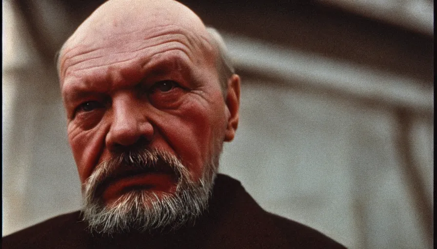 Image similar to movie still by tarkovsky portrait of an old lenin, cinestill 8 0 0 t 3 5 mm, heavy grain, high quality, high detail