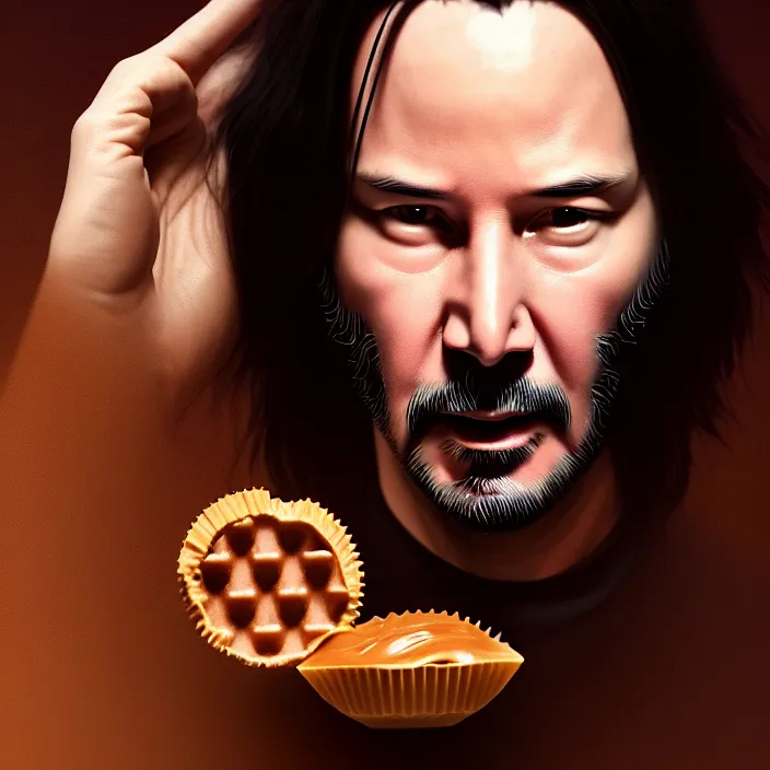 Prompt: keanu reeves emerging from reese's peanut butter cup by charlie bowater and anna dittmann and artgerm and clemens ascher, intricate, elegant, brown mist, product shot, macro, highly detailed, dramatic lighting, sharp focus, octane render, trending on artstation, artstationhd, artstationhq, unreal engine, 4 k, 8 k