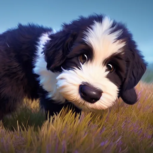 Image similar to a wholesome animation key shot of a black bernedoodle puppy, pixar and disney animation, sharp, rendered in unreal engine 5, anime key art by greg rutkowski, bloom, dramatic lighting