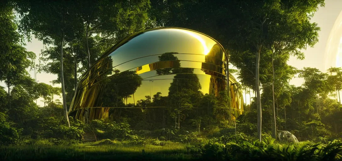 Image similar to futuristic shinny golden iridiscent mirror building in an jungle landscape of a biopunk city by taras shevchenko and wlop, movie poster, golden ratio, evening lighting, film still, realistic, octane render redshift arnold materials unreal engine, 8 k post production, hyper detailed