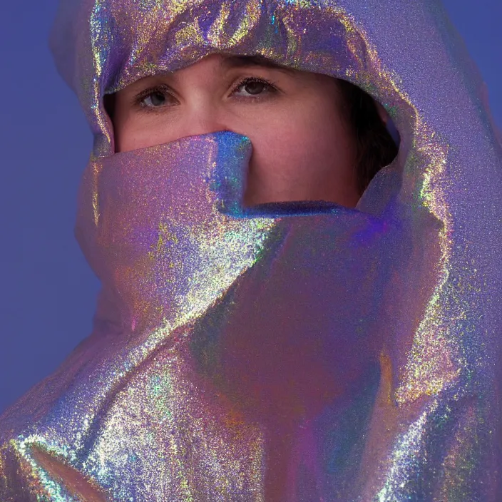 Image similar to closeup portrait of a woman wrapped in iridescent foil, standing in antarctica, color photograph, by vincent desiderio, canon eos c 3 0 0, ƒ 1. 8, 3 5 mm, 8 k, medium - format print