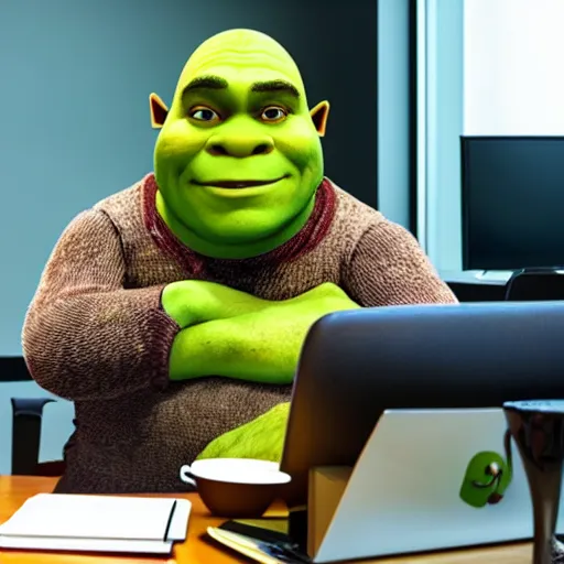 Prompt: a photo of shrek in an office, doing work behind a computer, being bored, with a cup of coffee next to him.