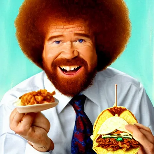 Image similar to bob ross eating a taco, portrait,