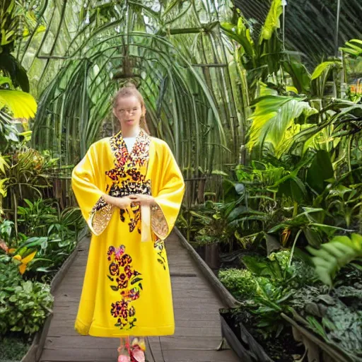 Prompt: photo portrait of the face of a young russian woman wearing a yellow kimono in a tropical greenhouse