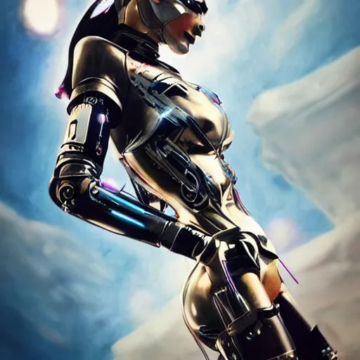 Prompt: a full portrait of beautiful, mischievous, young woman cyborg in latex suit by sandra chevrier, detailed render, epic composition, cybernetics, 4 k realistic, cryengine, realistic shaded lighting, octane render, sharp focus, masterpiece, by matteo scalera, gary montalbano, peter elson in the style of the tokyo ghost comic, epic angles