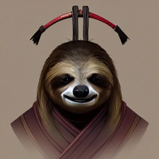 Image similar to graphic, hyperreal illustration of anthropomorphic sloth in traditional samurai armor : : digital art, concept art, character development