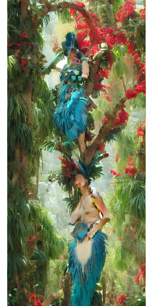 Image similar to anthropomorphic macaw woman wearing a flowing samba inpsired white and mint colored paper dress, background amazon jungle made of paper, paper Bougainvillea, ethereal, fantasy, Lawrence Alma-Tadema, James Jean, oozium, peter morbacher, angelarium, alchemy, luxury, heavenly light, Soft illumination, Trending on artstation, Cinematic Lighting, very detailed, 3D, octane render, artgerm