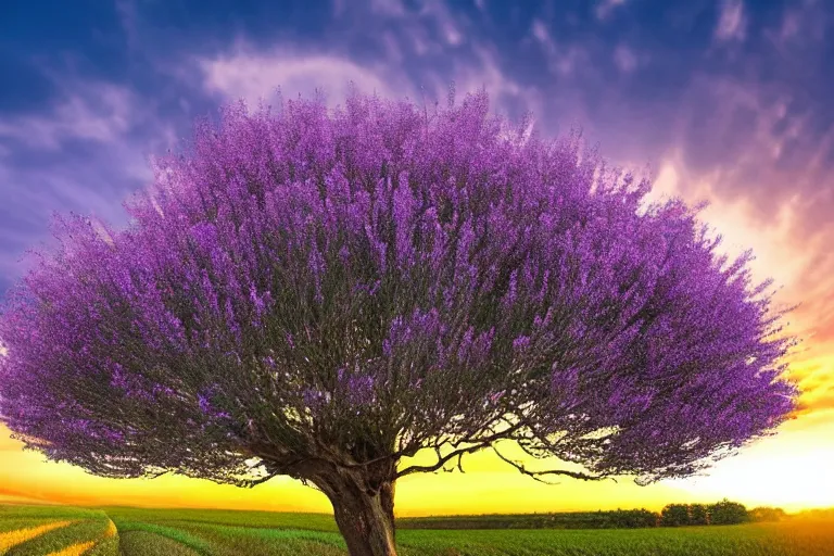 Prompt: beautiful scenery of a field of lavenders, one large tree, sunset, dramatic lighting