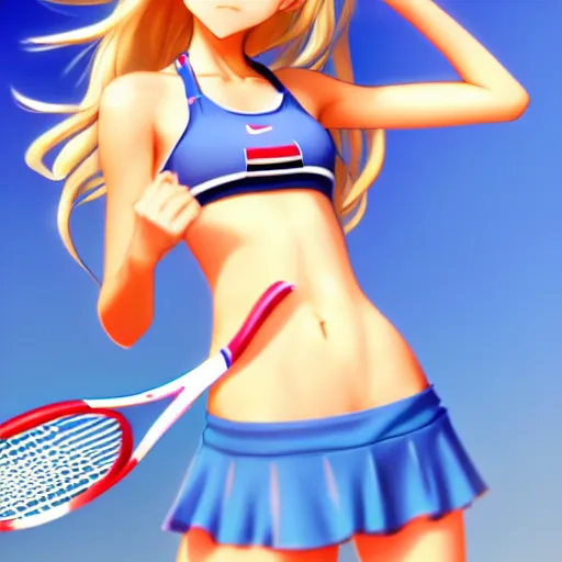 Prompt: a very beautiful young anime tennis girl, full body, long wavy blond hair, sky blue eyes, full round face, short smile, bikini, miniskirt, front view, medium shot, highly detailed, cinematic wallpaper by stanley artgerm lau