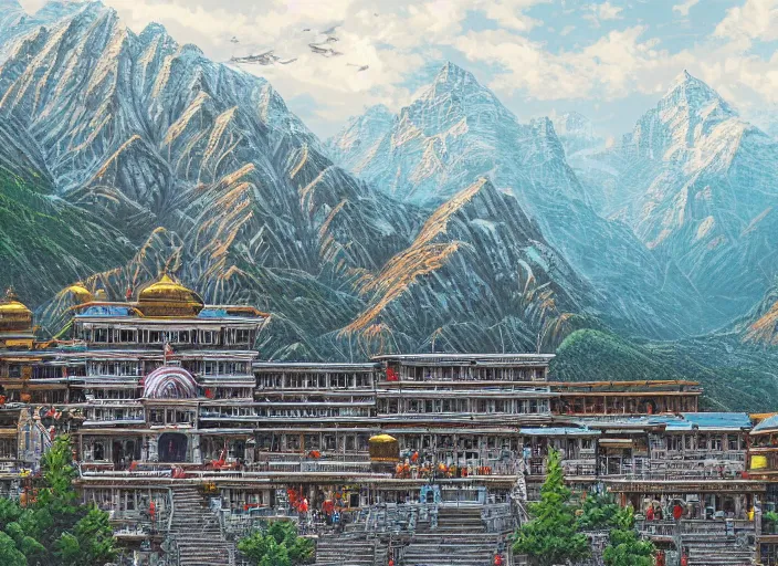 Image similar to A beautiful and detailed illustration of the Badrinath Temple, immaculate scale, trending on Artstation, illustrated by Dan Mumford, illustration