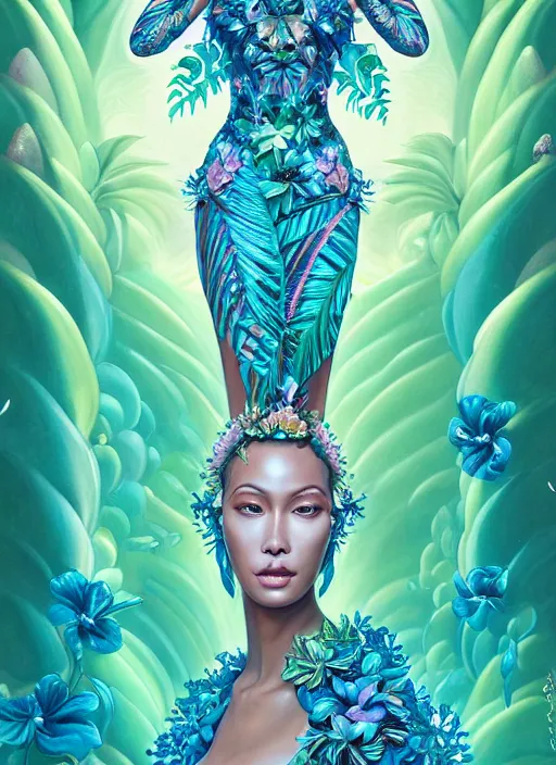 Prompt: porttait of a beautiful celestial Hawaiian pearlescent lush garden Goddess wearing a futuristic lush luxurious suit exposed in cryo chambers by James Jean, royal green and oceanic blue theme, intricate, elegant, highly detailed, centered, digital painting, lush hawaiian landscape, sakura season, Kauai inspired, artstation, concept art, smooth, sharp focus, illustration, by Peter Mohrbacher, WLOP