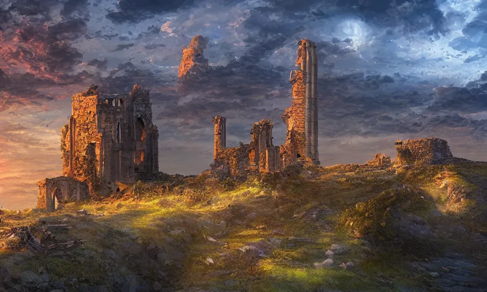 Prompt: a small flying landmass against a clear sky, with the ruins of a tower, stunning digital illustration, by james gurney, cinematic lighting, intense colors, beautiful composition, detailed, mystical, beautiful and mysterious