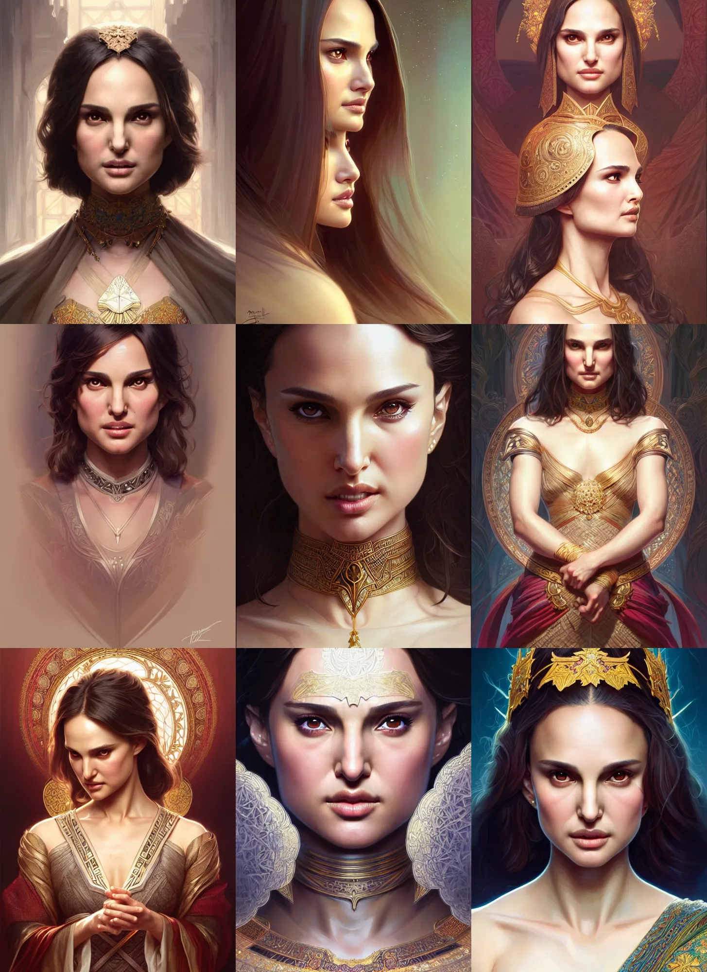 Prompt: asian natalie portman symmetrical portrait, d & d, fantasy, intricate, elegant, highly detailed, digital painting, artstation, concept art, smooth, sharp focus, illustration, art by artgerm and greg rutkowski and alphonse mucha