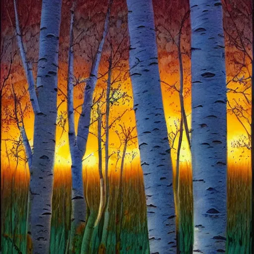 Image similar to beautiful painting of an Aspen forest at sunset, digital art, award winning illustration, golden hour, trending on artstation