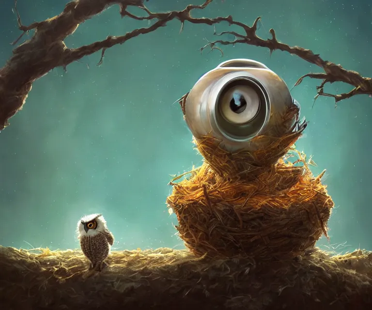 Image similar to long shot of a very cute owl chick nesting in a very futuristic cup, esao andrews, humorous illustration, hyperrealistic, big depth of field, warm colors, night scenery, low light, 3 d octane render, 4 k, conceptart, hyperdetailed, hyperrealistic, trending on artstation