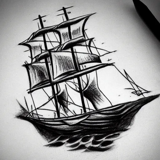 Image similar to realism tattoo design sketch of a pirate ship, in the style of Niki Norberg