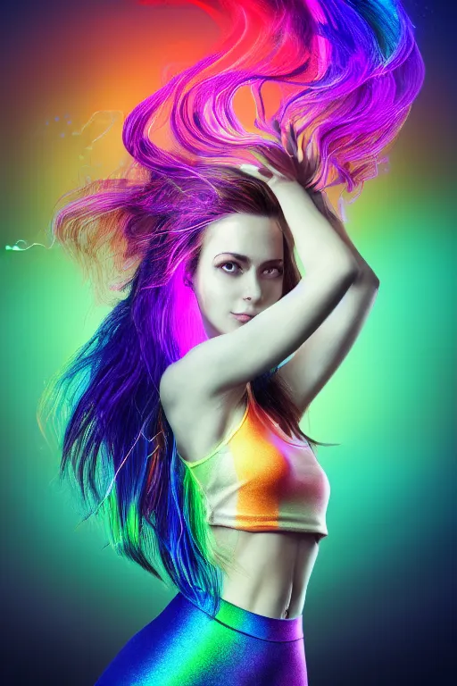 Image similar to a award winning half body portrait of a beautiful woman with stunning eyes in a croptop and leggings with rainbow colored ombre hairstyle head in motion and hair flying while dancing by thomas danthony, surrounded by whirling illuminated lines, outrun, vaporware, shaded flat illustration, digital art, trending on artstation, highly detailed, fine detail, intricate