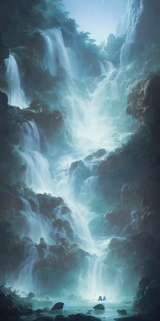 Prompt: Detailed exterior of the silky serene waterfalls of harmony, glowing blue rocks, stunning atmosphere, in Style of Peter Mohrbacher, cinematic lighting