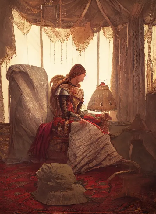 Prompt: portrait of queen commander in outpost tent, persian carpets, lamps, in the style of charles sillem lidderdale, in the style of greg rutkowski, artstation, high quality art