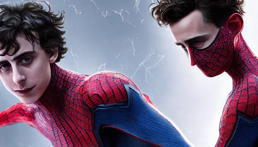 Image similar to Timothée Chalamet is Spider-Man, hyperdetailed, artstation, cgsociety, 8k