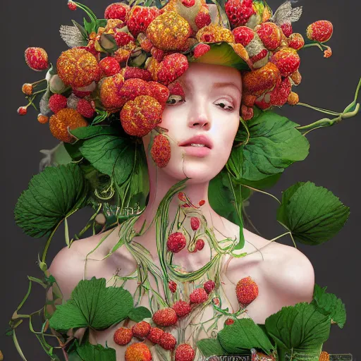 Image similar to the portrait of an absurdly beautiful, graceful, elegant, sophisticated woman made of strawberries and green petals, an ultrafine hyperdetailed illustration by kim jung gi, irakli nadar, golden ratio, intricate linework, bright colors, octopath traveler, final fantasy, unreal engine 5 highly rendered, global illumination, radiant light, detailed and intricate environment