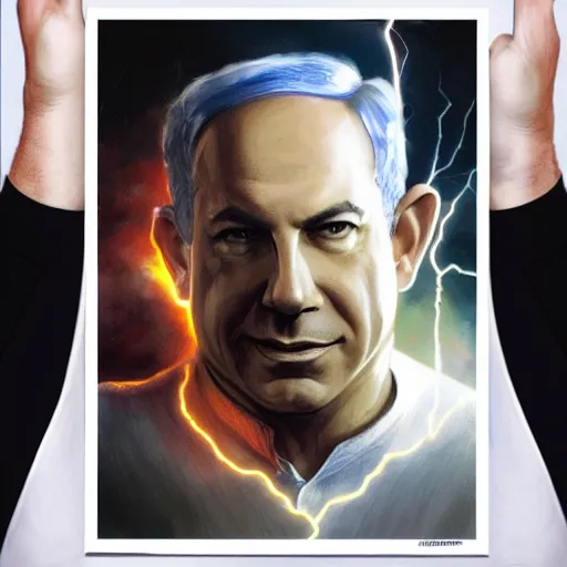 Image similar to portrait of benjamin netanyahu smirking while holding lightning bolts with his hands, by artgerm and greg rutkowski