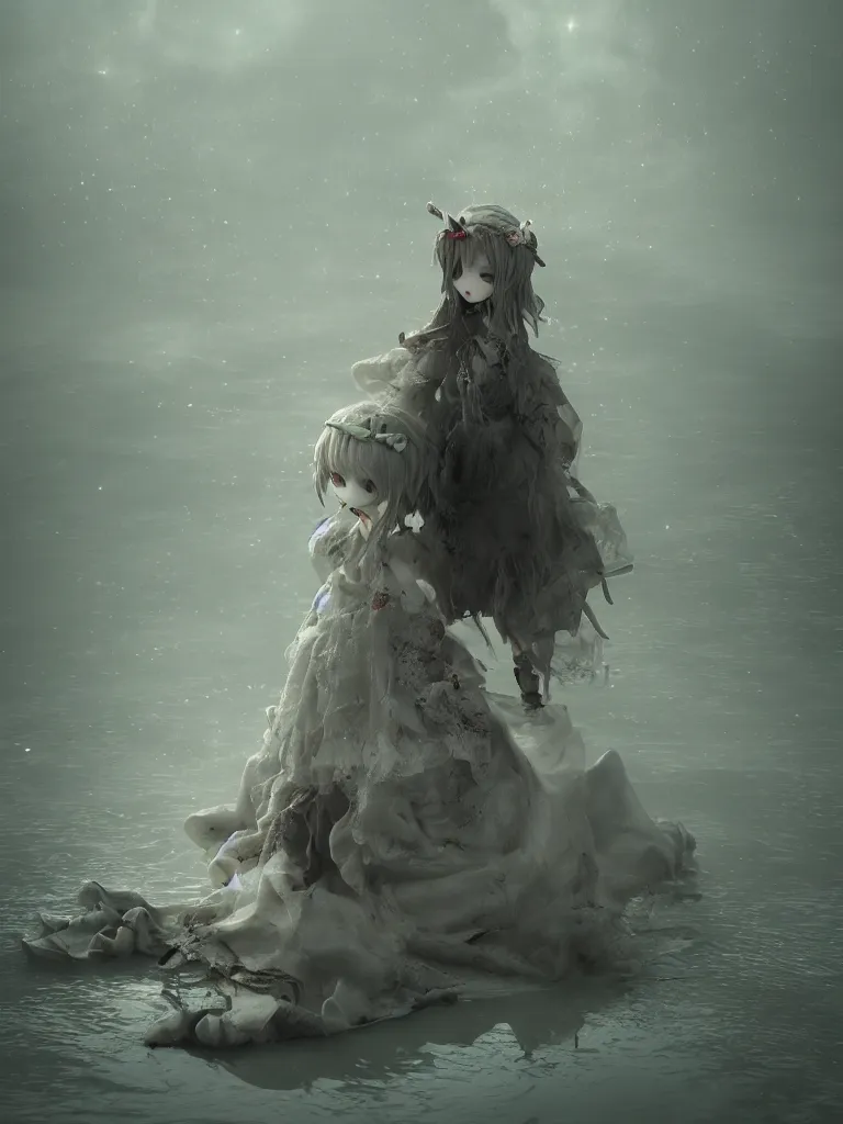 Prompt: cute fumo plush girl witch standing in reflective murky river water, otherworldly gothic horror maiden in tattered cloth, hazy heavy swirling volumetric fog and smoke, moonglow, lens flare, vray