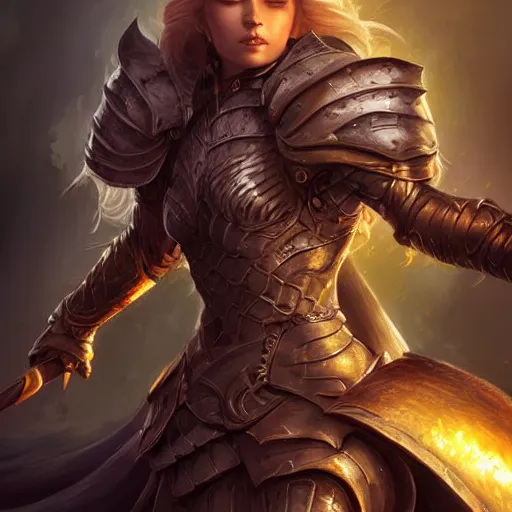 Image similar to a ruthless female paladin, full body, 8 k, hyperrealistic, dragon slayer, hyperdetailed, fantasy portrait by laura sava