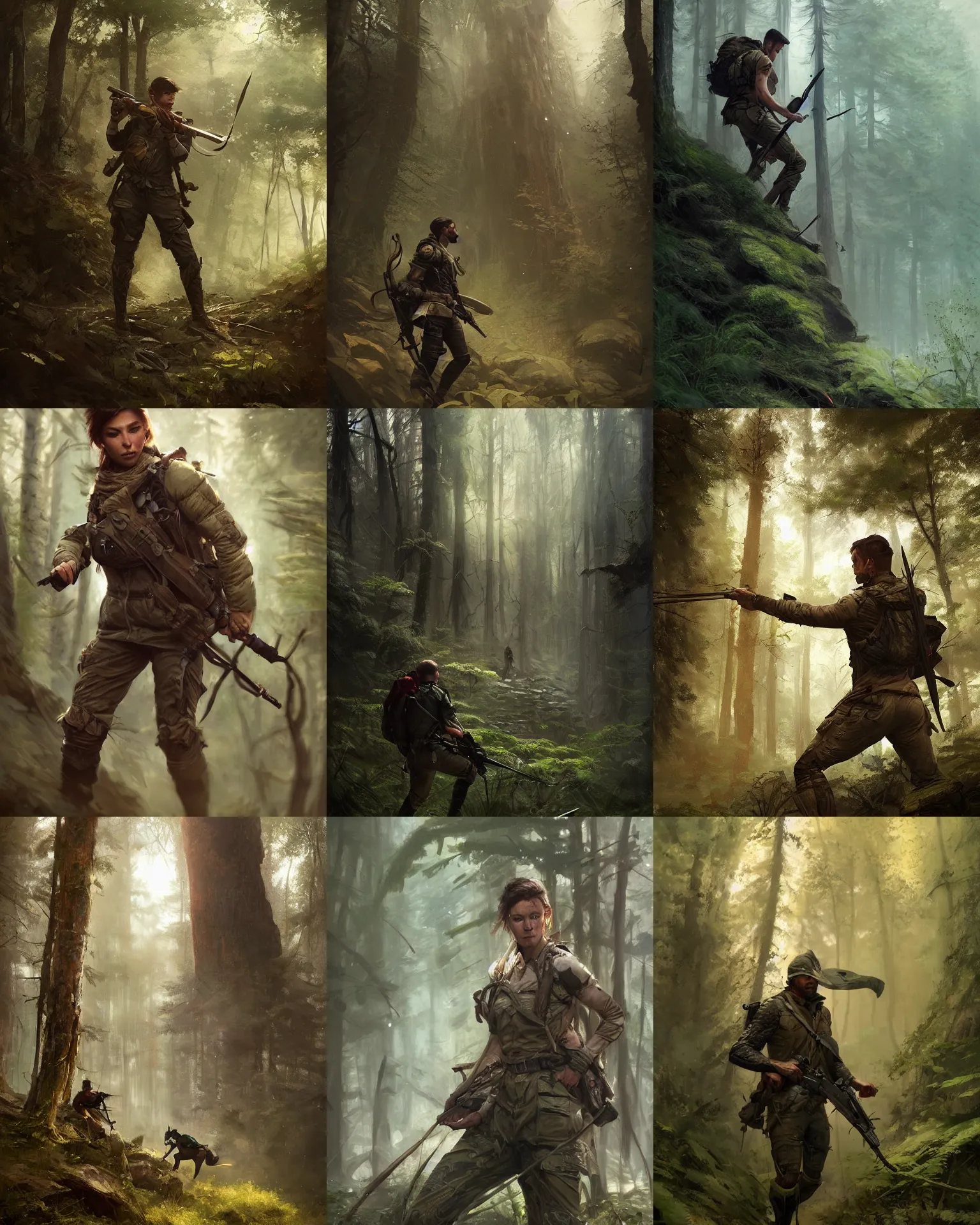 Prompt: a beautiful action portrait of an Ranger in a forest, by Greg Rutkowski and Raymond Swanland, Trending on Artstation, ultra realistic digital art