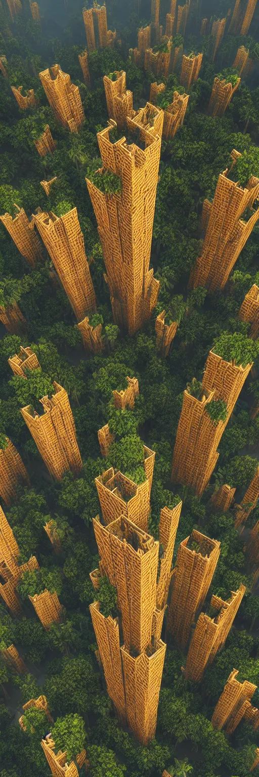 Image similar to photo of vertical golden village in the form of a tower, arid mountains and lush palm forest, photo realism, sharp focus, octane