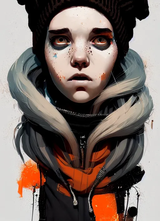 Image similar to highly detailed closeup portrait of a sewer punk lady student, tartan hoodie, white hair by atey ghailan, by greg rutkowski, by greg tocchini, by james gilleard, by joe fenton, by kaethe butcher, gradient, orange, black, brown and cream color scheme, grunge aesthetic!!! white graffiti tag wall background