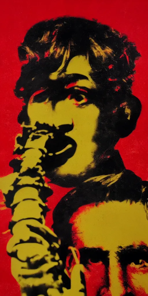 Prompt: black silhouette realistic painting in style of andy warhol pop art, roman emperor nero as a dwarf playing the flute inside of a can of spinach, roman structures are on fire in background, hyper realistic, 8 k resolution, fire, red skies, smoke billows over the horizon